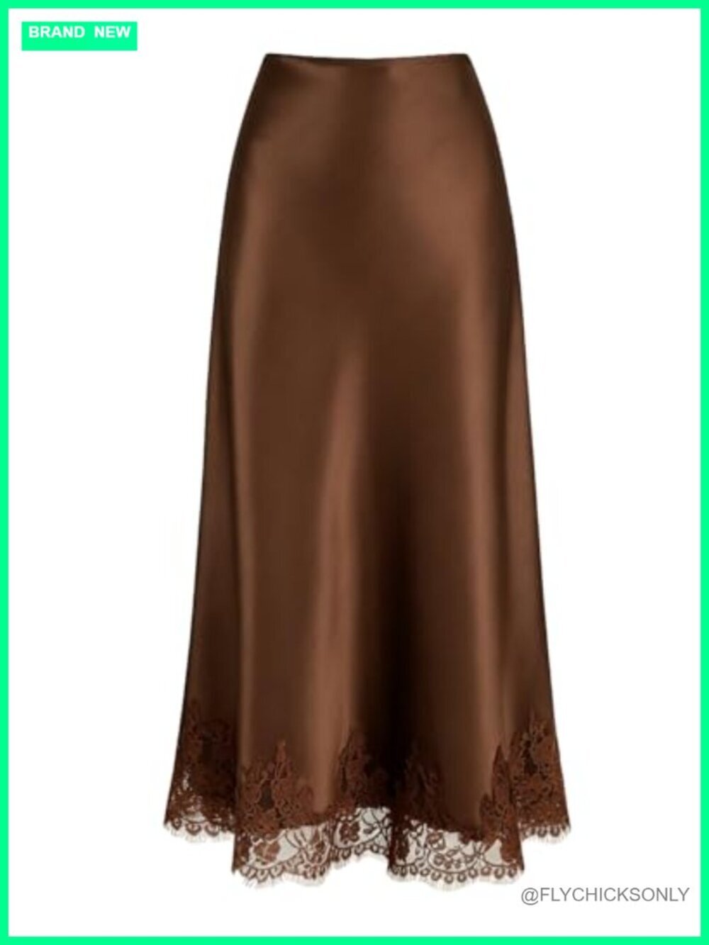 Lace Trim Satin Midi Skirt High Waisted Elastic A-Line Flowy Long Skirt